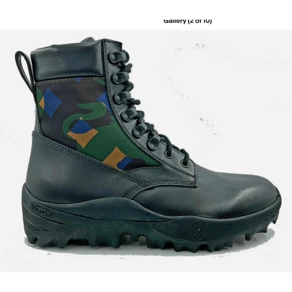 MCM Men's Black Leather Camo Nylon RESNICK Combat Boots‎ Shoes 9AMM80, SZ. 42